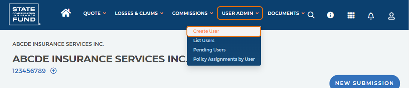 Click on user admin, then CREATE USER