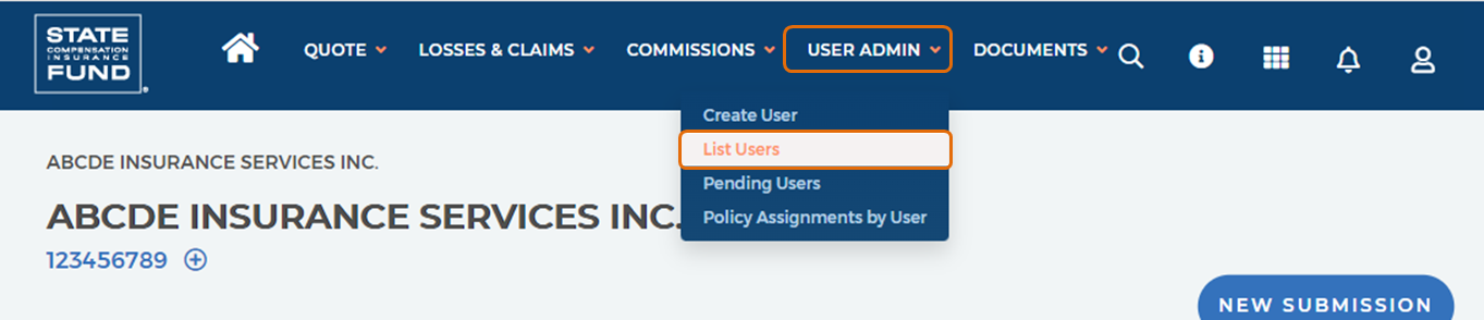 Click on USER ADMIN in the top navigation bar, then List Users