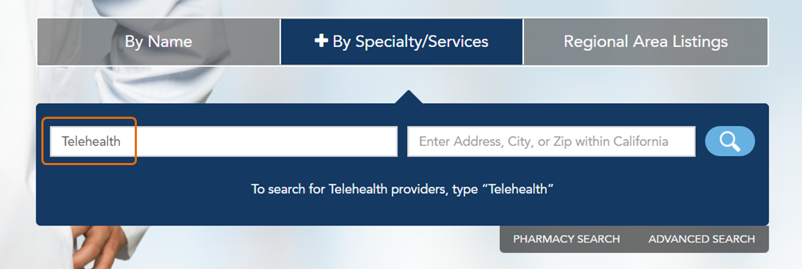Finding telehealth providers by typing telehealth into the search box
