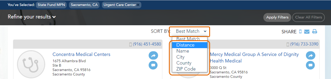 Sorting search results by distance, name, city, county, or ZIP code.