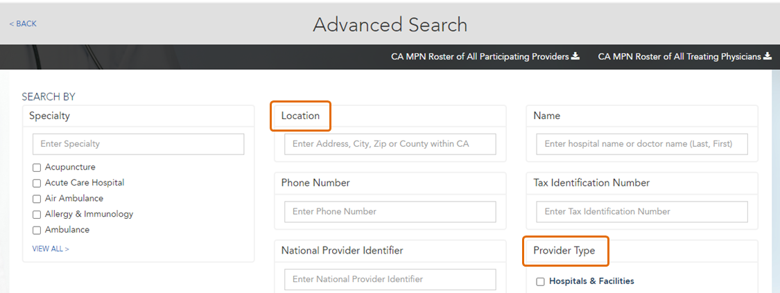 Advanced search options, such as location and provider type