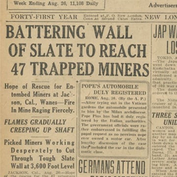 A newspaper clipping from 1922 about the Argonaut Mine accident. A newspaper clipping from 1922 about the Argonaut Mine accident.