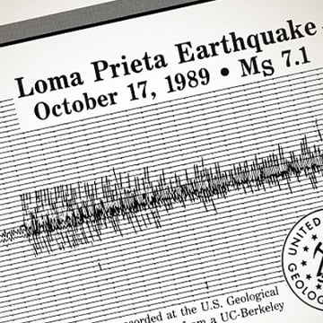 A seismic chart recording the strength of the 1989 Loma Prieta earthquake.